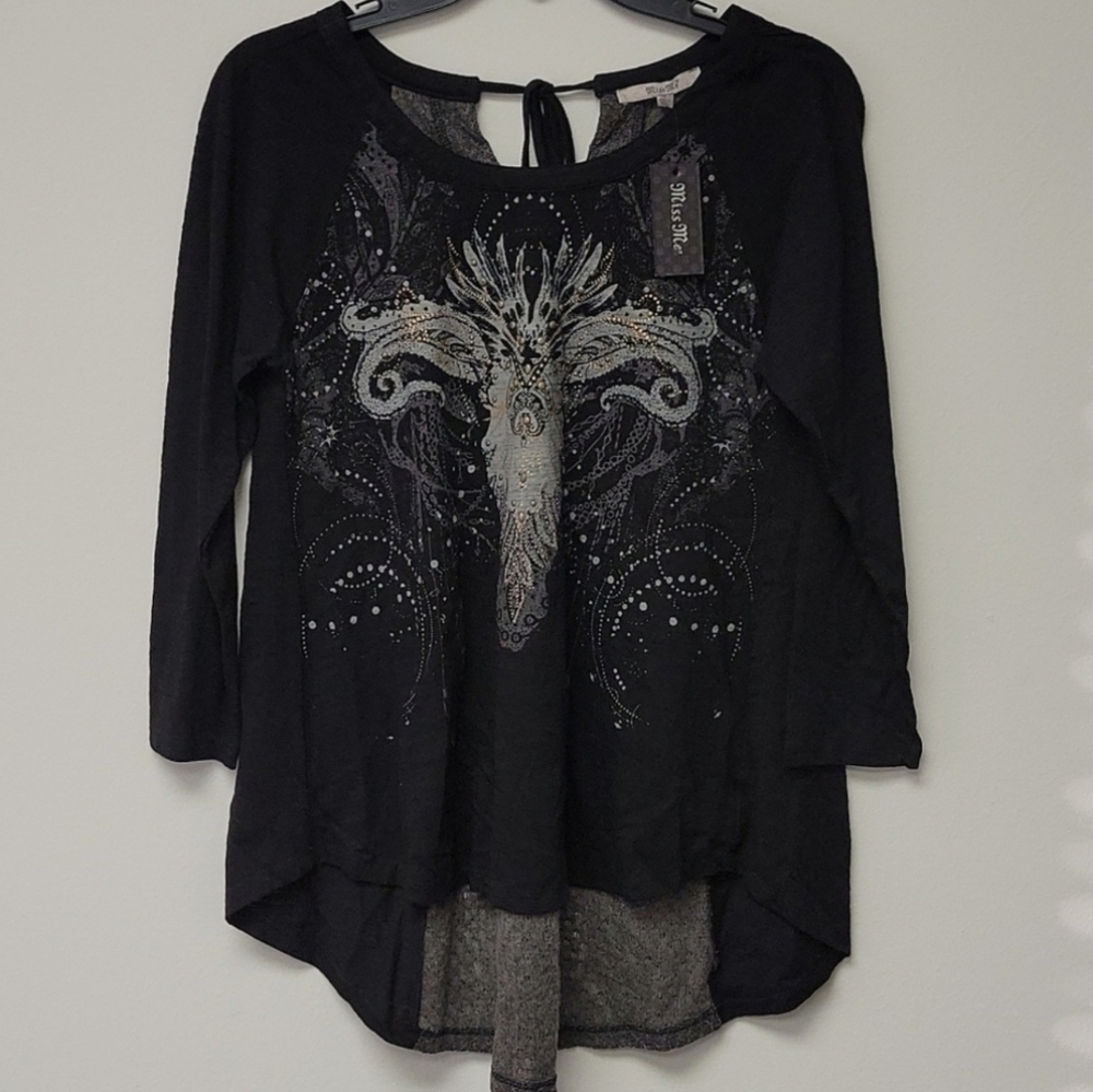 Miss Me Western Studded Knit hi low Graphic t-shirt Black S